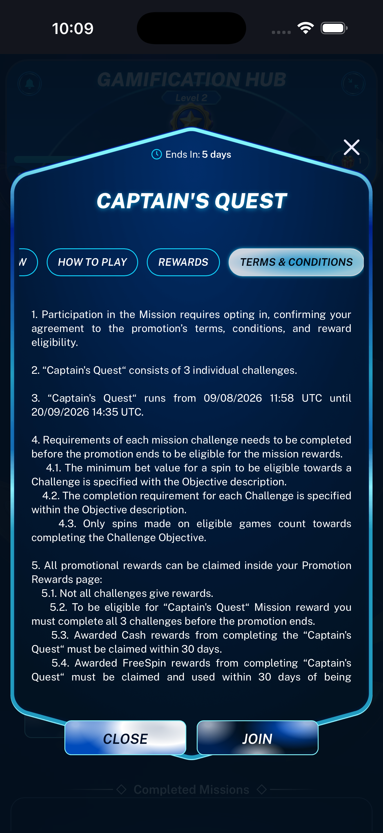 Mission terms and conditions displayed on a mobile phone